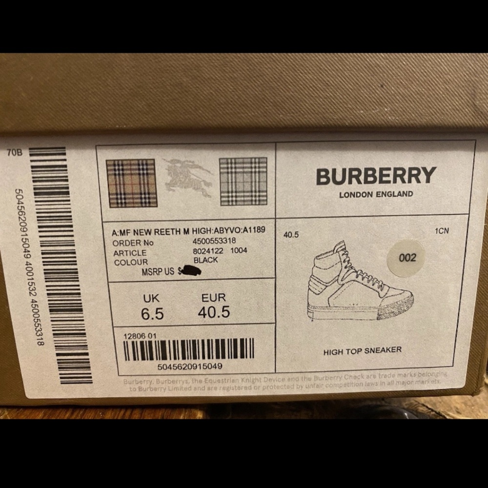 Authentic MENS BURBERRY SNEAKERS 7.5 US